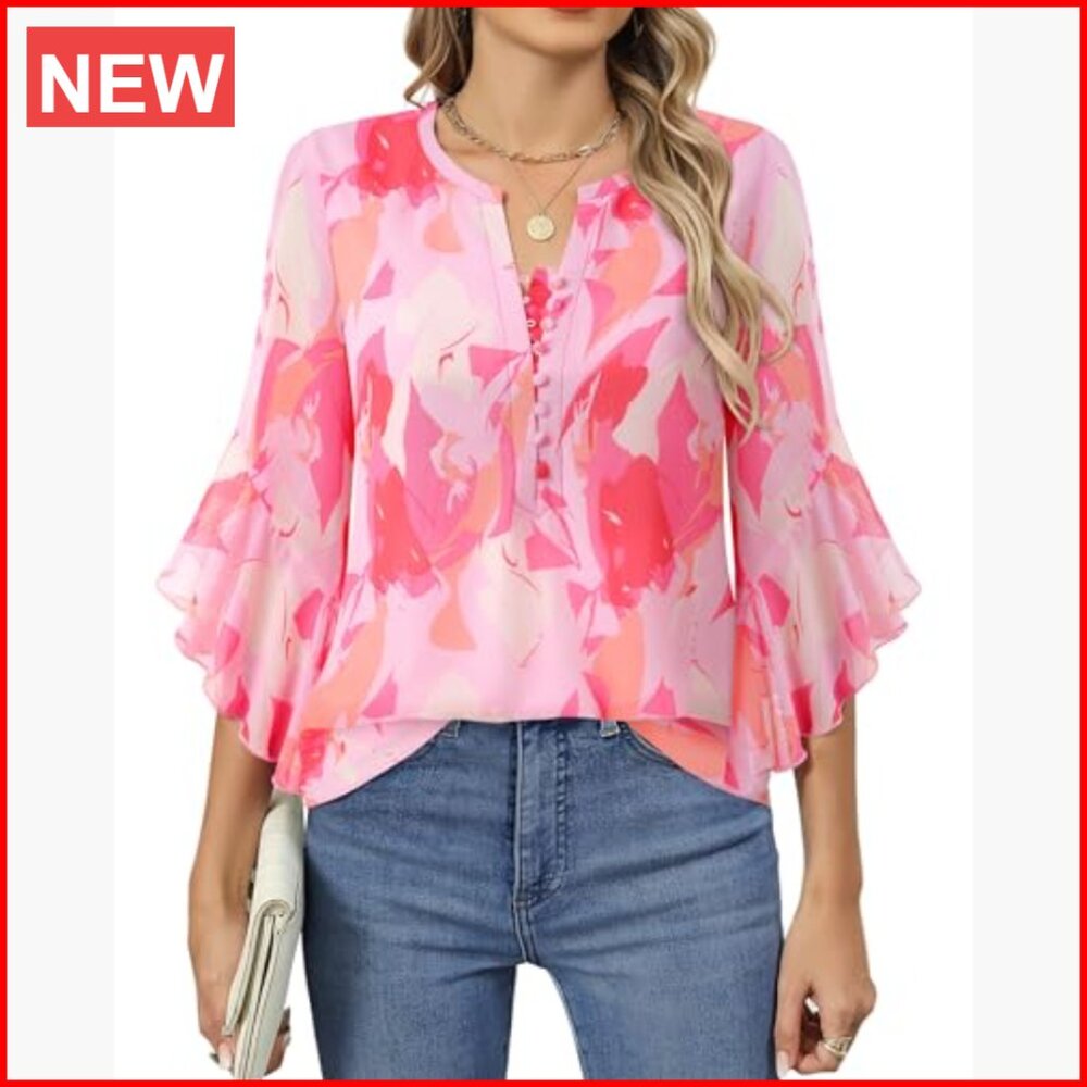 Polyester 3/4 Sleeve Button Down Blouse with V-Ne… - image 4